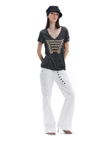 FayChui Pearl Embroidered Rope Knot Striped Court Women&