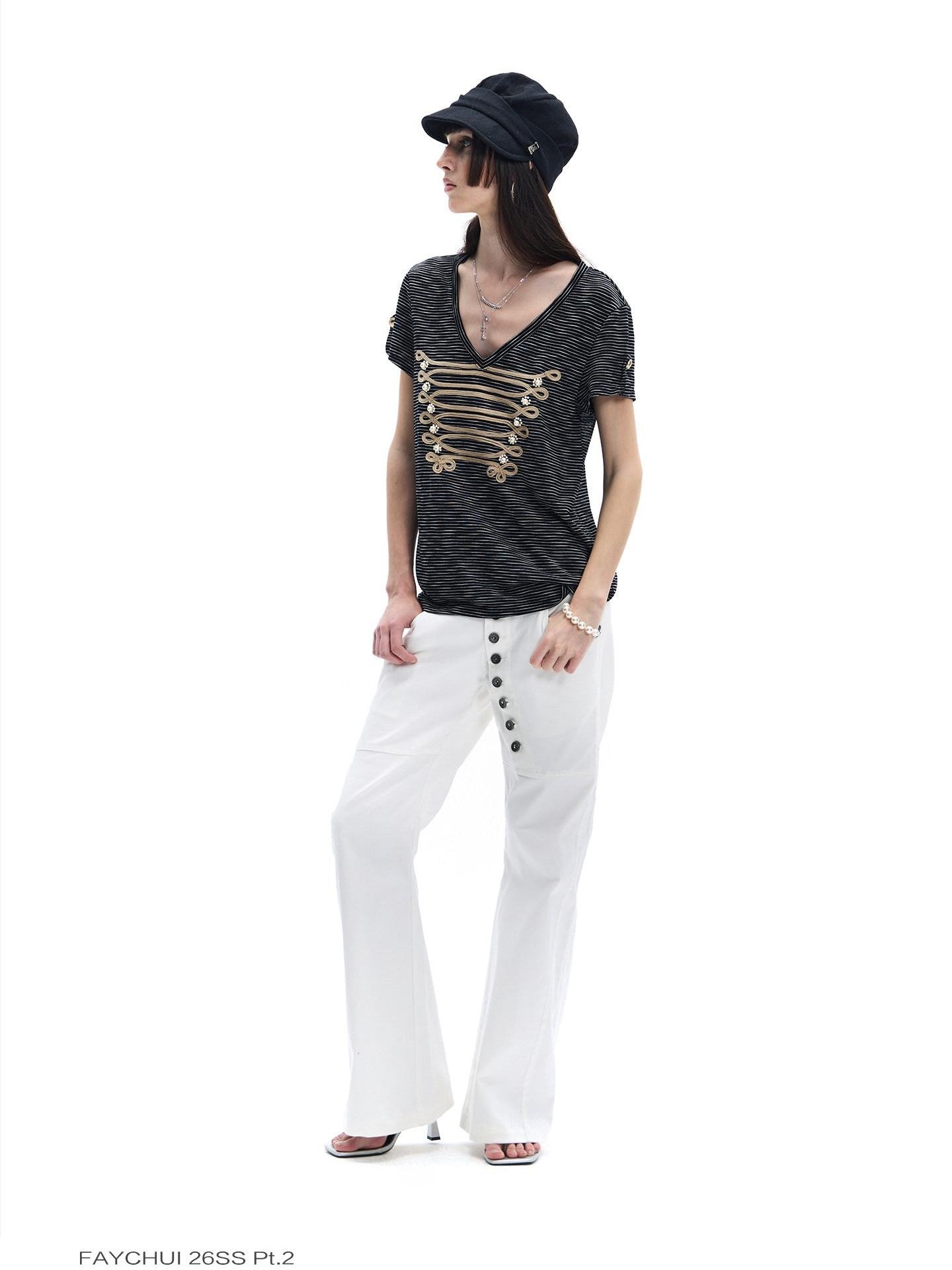FayChui Pearl Embroidered Rope Knot Striped Court Women&