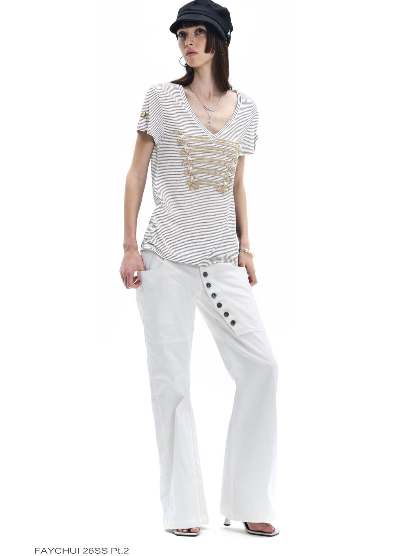 FayChui Pearl Embroidered Rope Knot Striped Court Women&