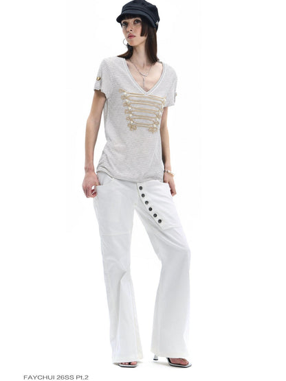 FayChui Pearl Embroidered Rope Knot Striped Court Women&