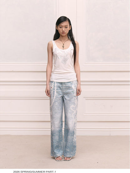 FayChui Pearl Necklace Lace Print High Waist Chain Women&