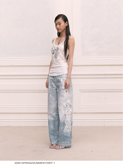 FayChui Pearl Necklace Lace Print High Waist Chain Women&
