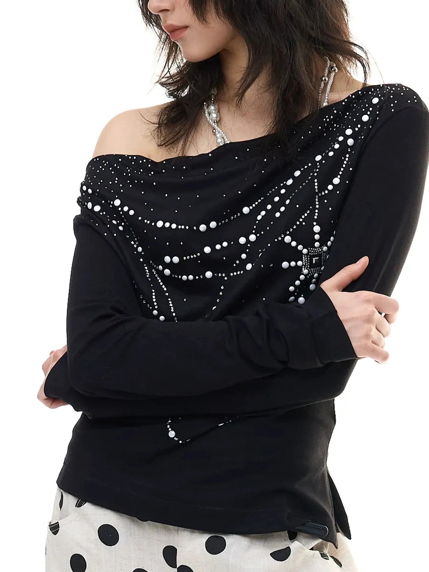 FayChui  Pearl Trimmed Draped Neck Wool Top