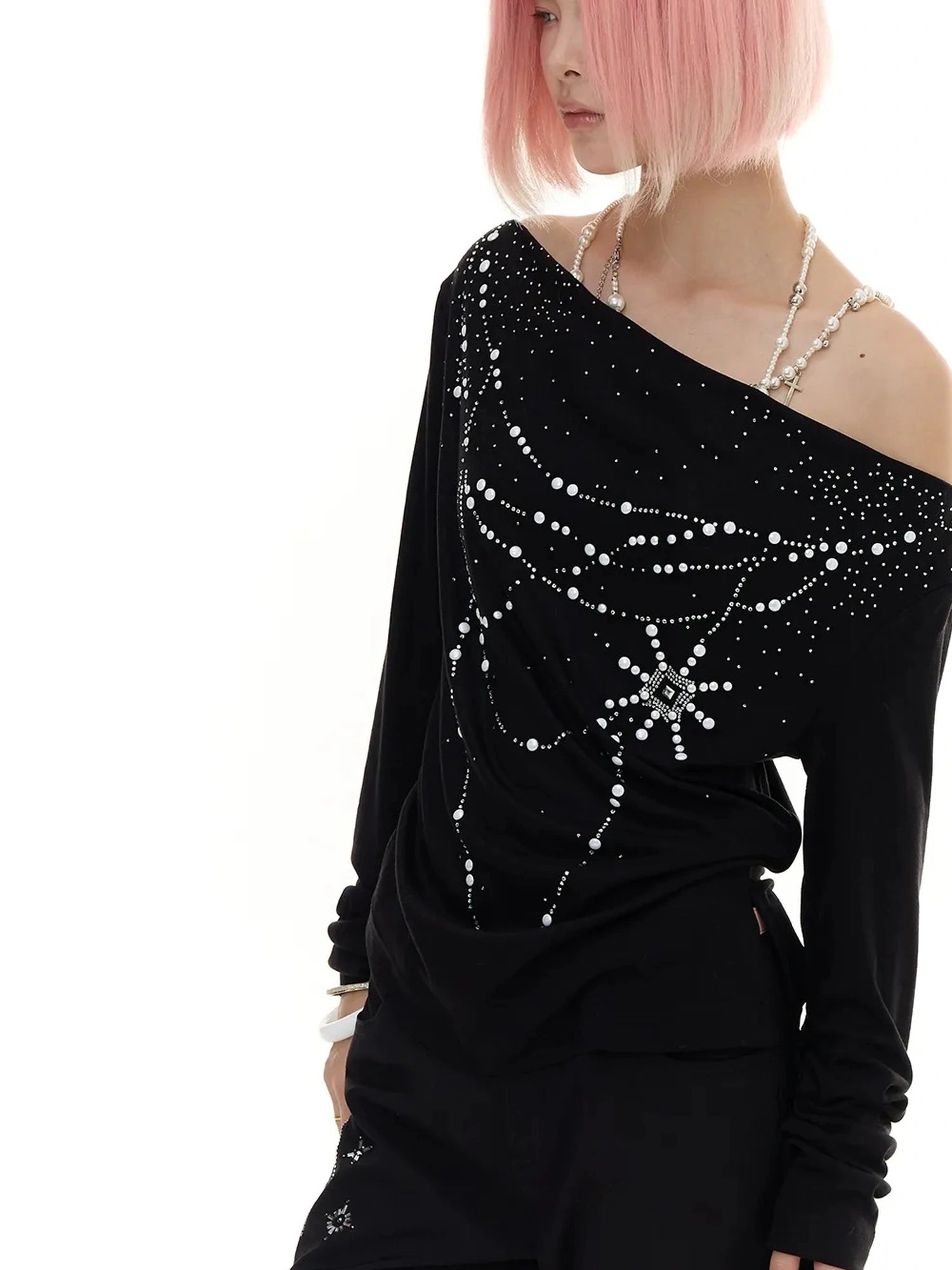 FayChui  Pearl Trimmed Draped Neck Wool Top