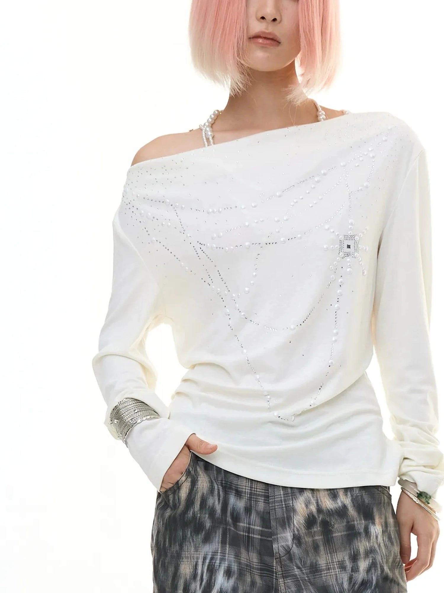 FayChui  Pearl Trimmed Draped Neck Wool Top