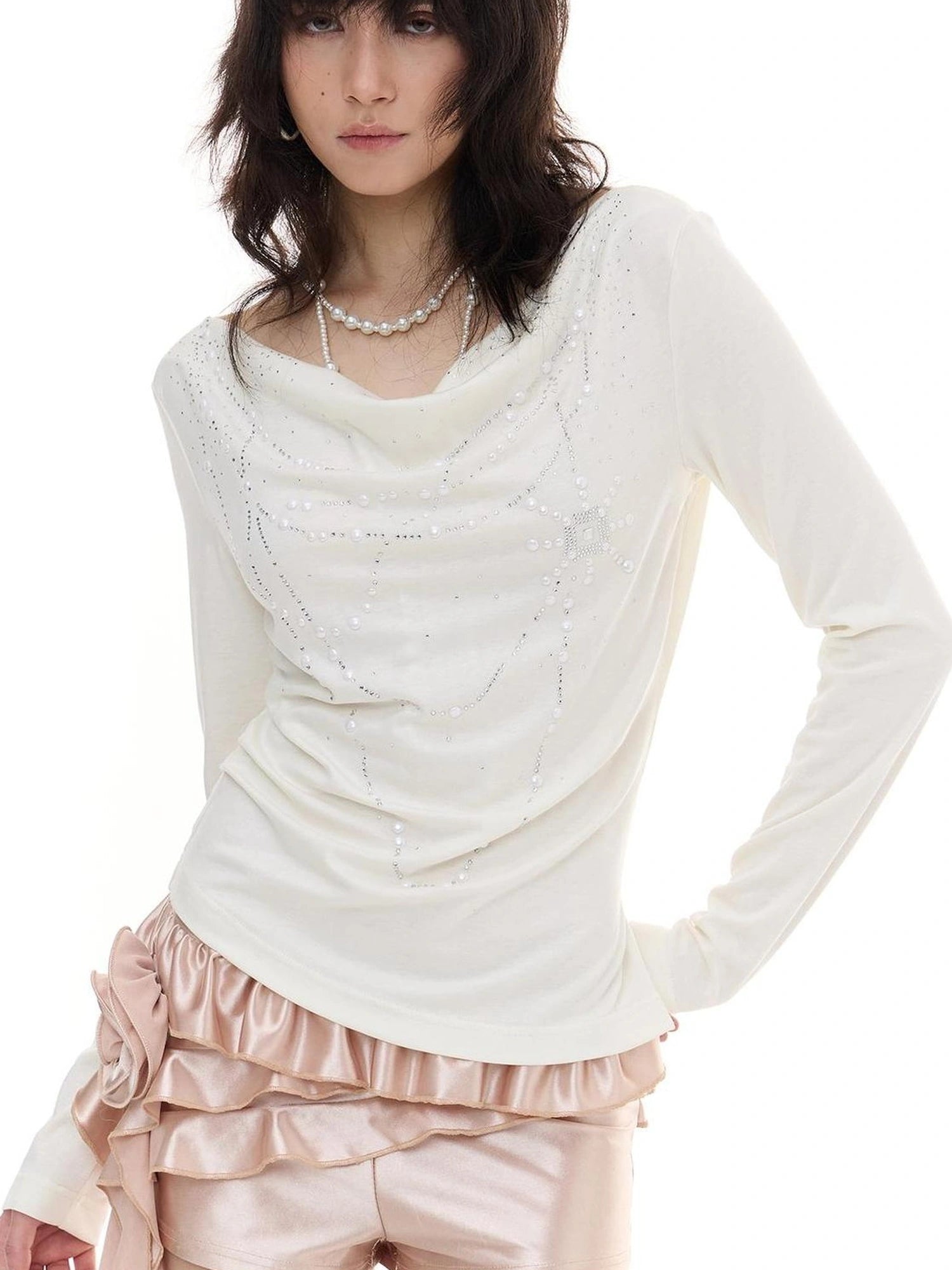 FayChui  Pearl Trimmed Draped Neck Wool Top
