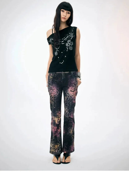 FayChui  Pink Leopard Print Graffiti Slim Pants