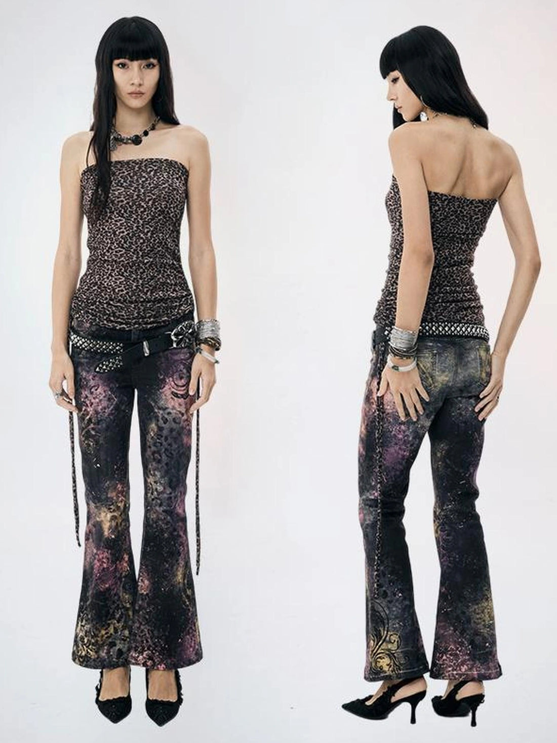 FayChui  Pink Leopard Print Graffiti Slim Pants