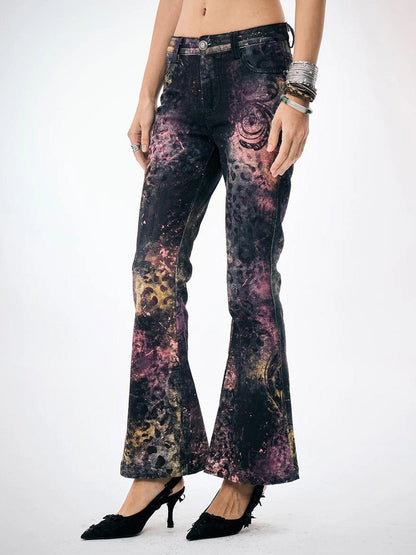 FayChui  Pink Leopard Print Graffiti Slim Pants