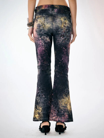 FayChui  Pink Leopard Print Graffiti Slim Pants