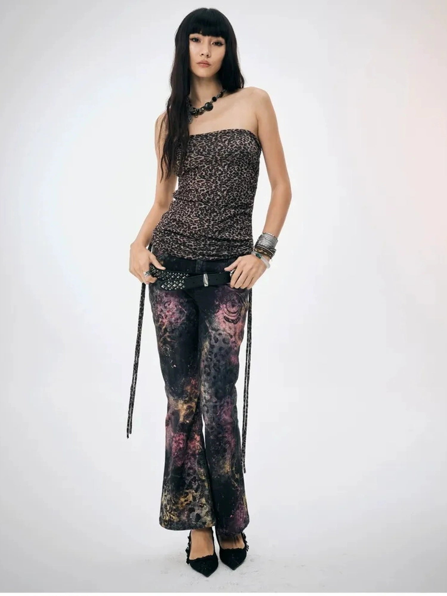 FayChui  Pink Leopard Print Graffiti Slim Pants