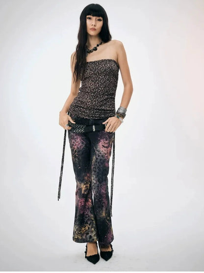 FayChui  Pink Leopard Print Graffiti Slim Pants