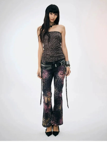FayChui  Pink Leopard Print Graffiti Slim Pants