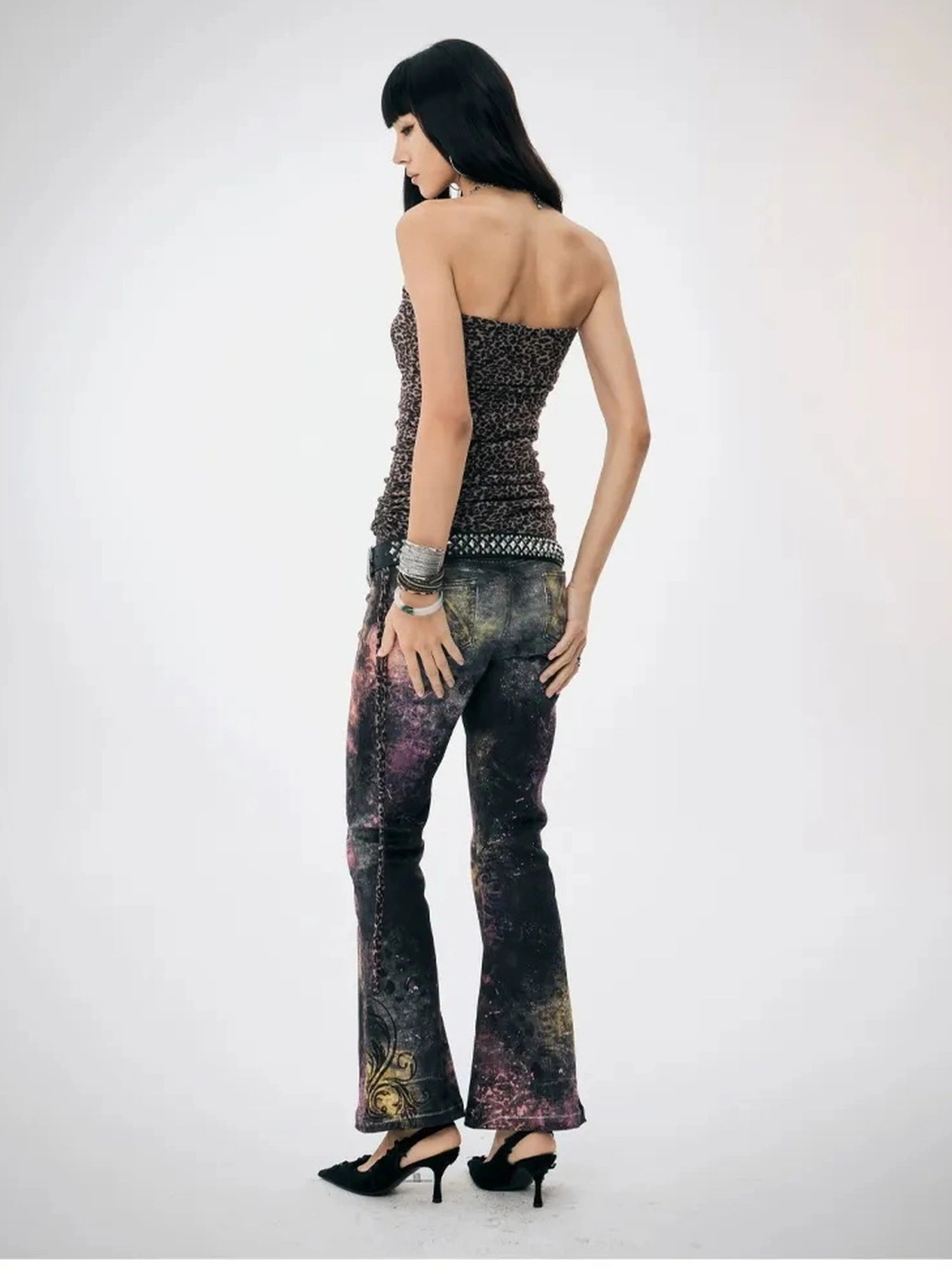 FayChui  Pink Leopard Print Graffiti Slim Pants