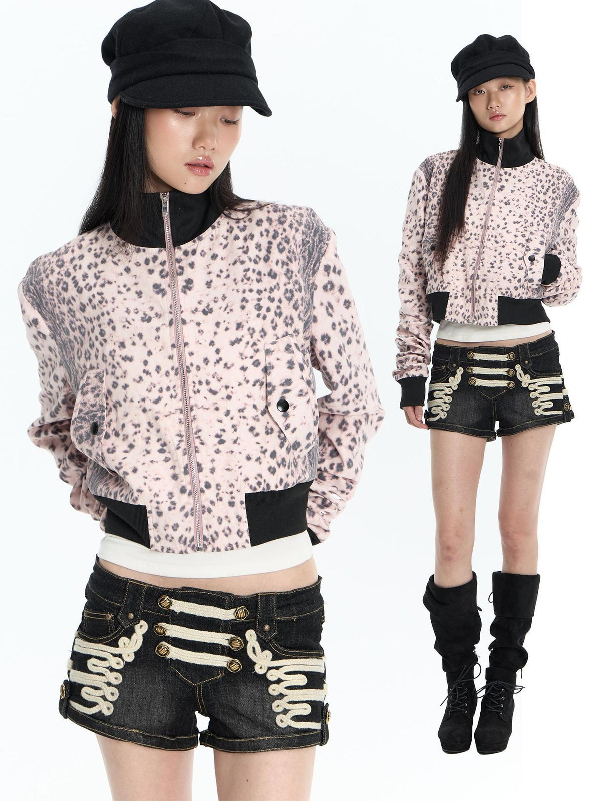 FayChui Pink Leopard Print Ribbed Color Block Women&
