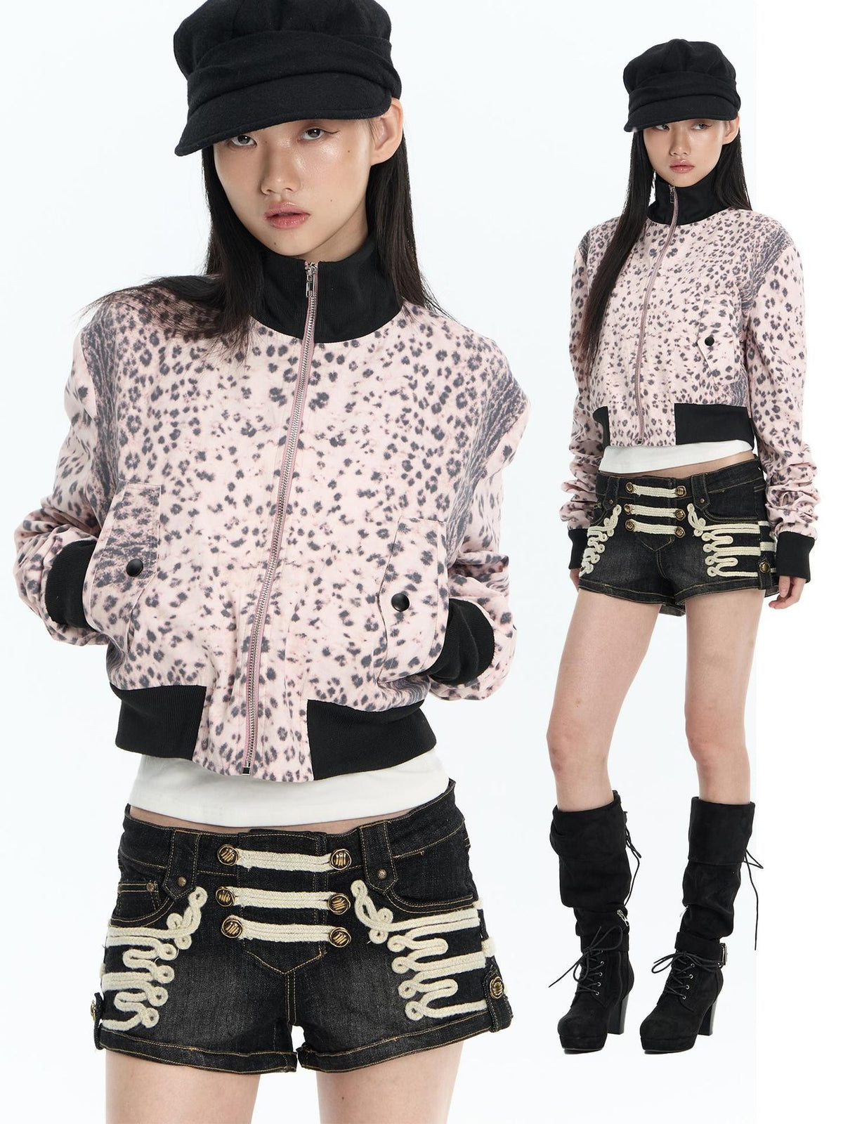 FayChui Pink Leopard Print Ribbed Color Block Women&
