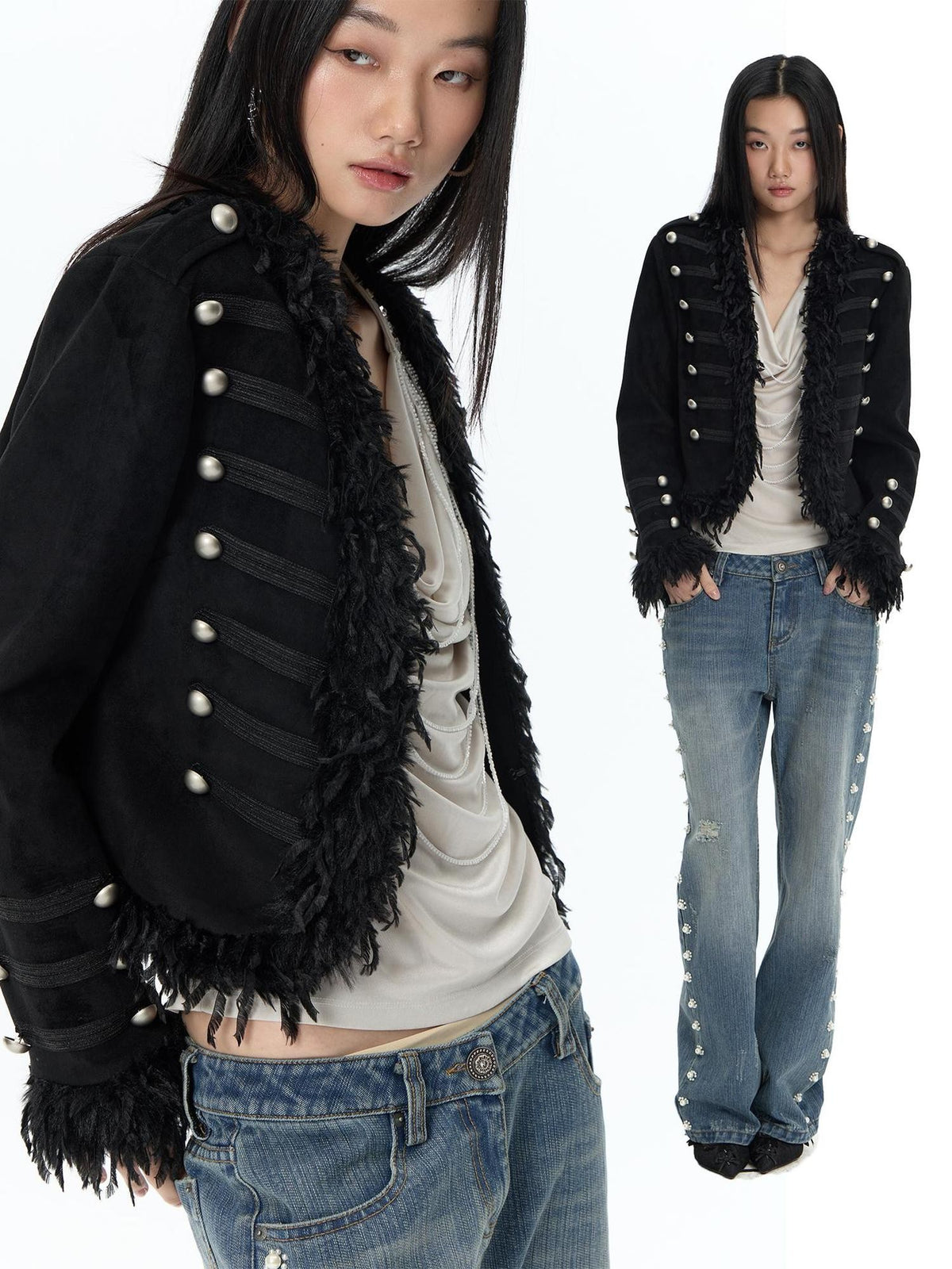 FayChui Punk Palace Fringe Button Embellished Slim Fit Women&