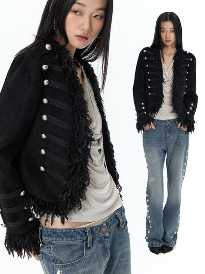 FayChui Punk Palace Fringe Button Embellished Slim Fit Women&