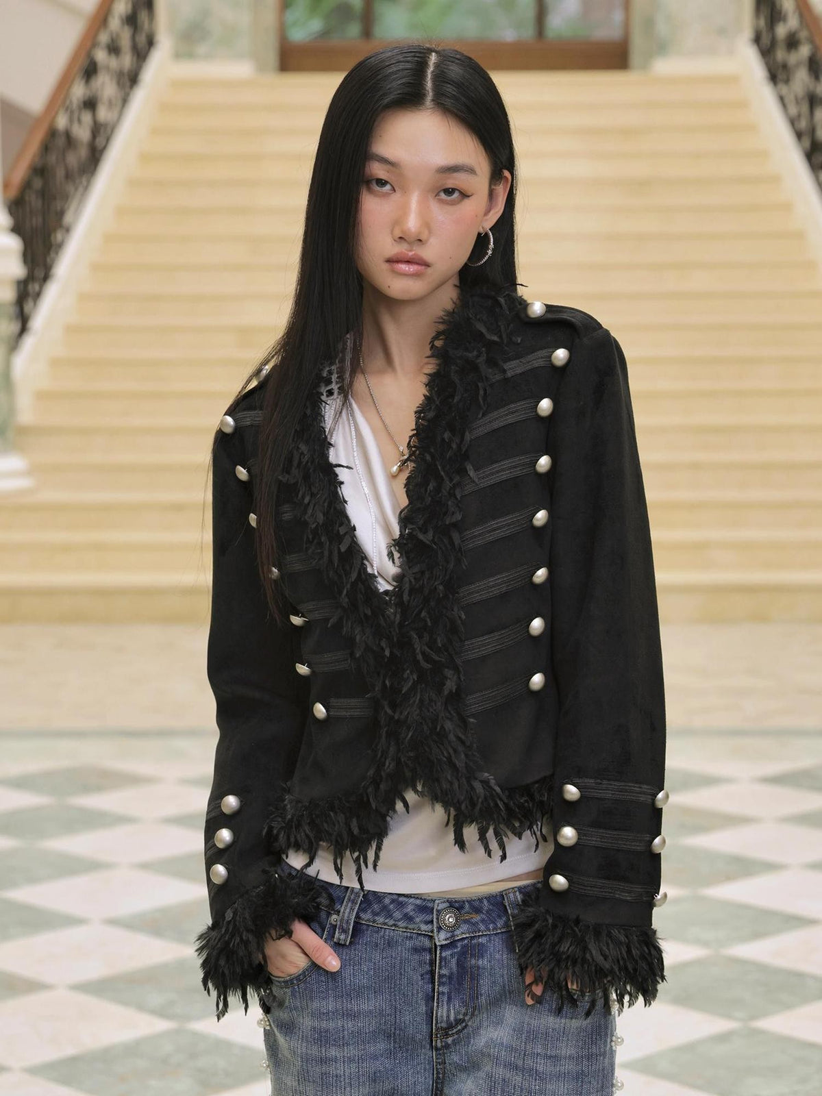 FayChui Punk Palace Fringe Button Embellished Slim Fit Women&