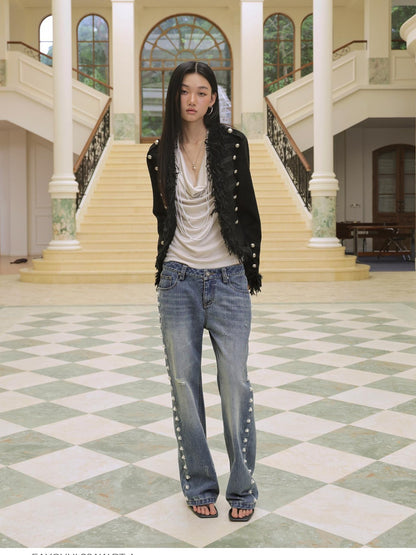FayChui Punk Palace Fringe Button Embellished Slim Fit Women&