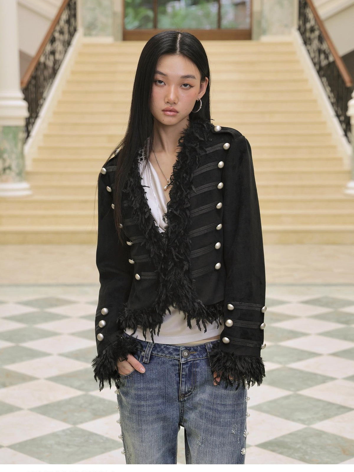 FayChui Punk Palace Fringe Button Embellished Slim Fit Women&