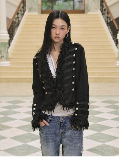 FayChui Punk Palace Fringe Button Embellished Slim Fit Women&