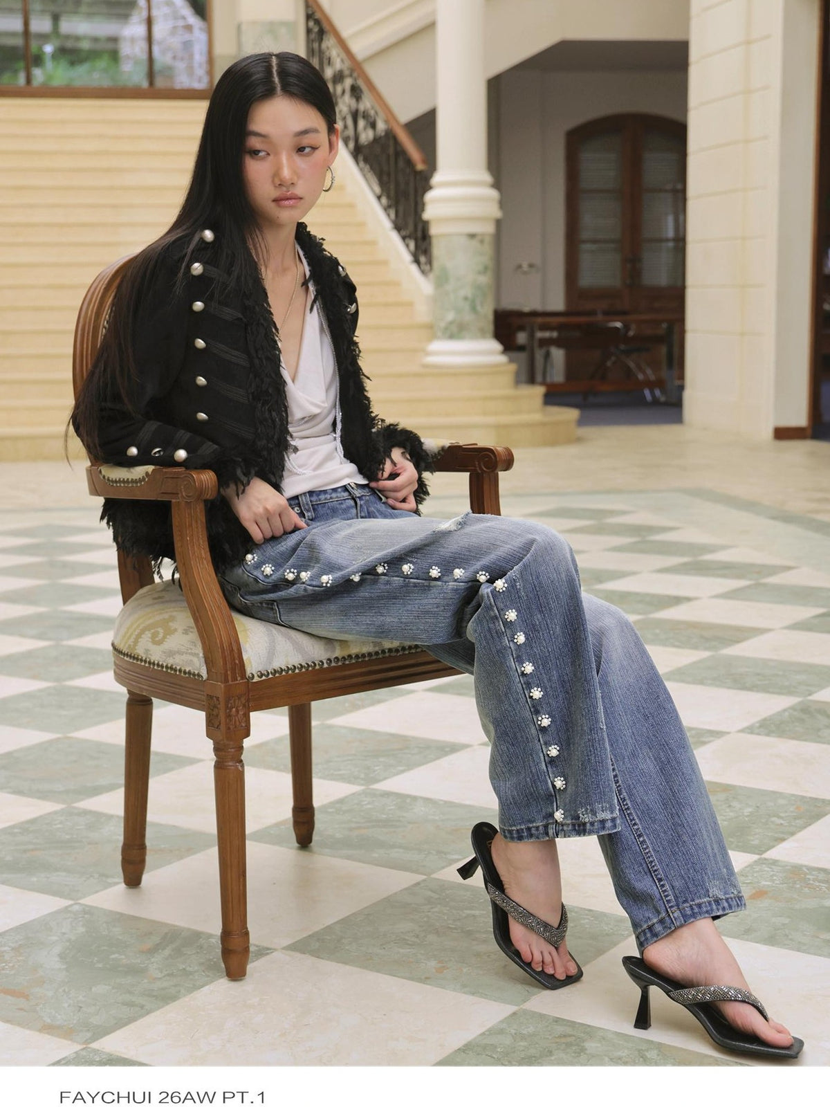 FayChui Punk Palace Fringe Button Embellished Slim Fit Women&