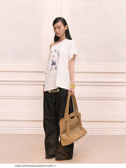 Quirky Dog Riding Print Slouchy Dropped Shoulder Women&