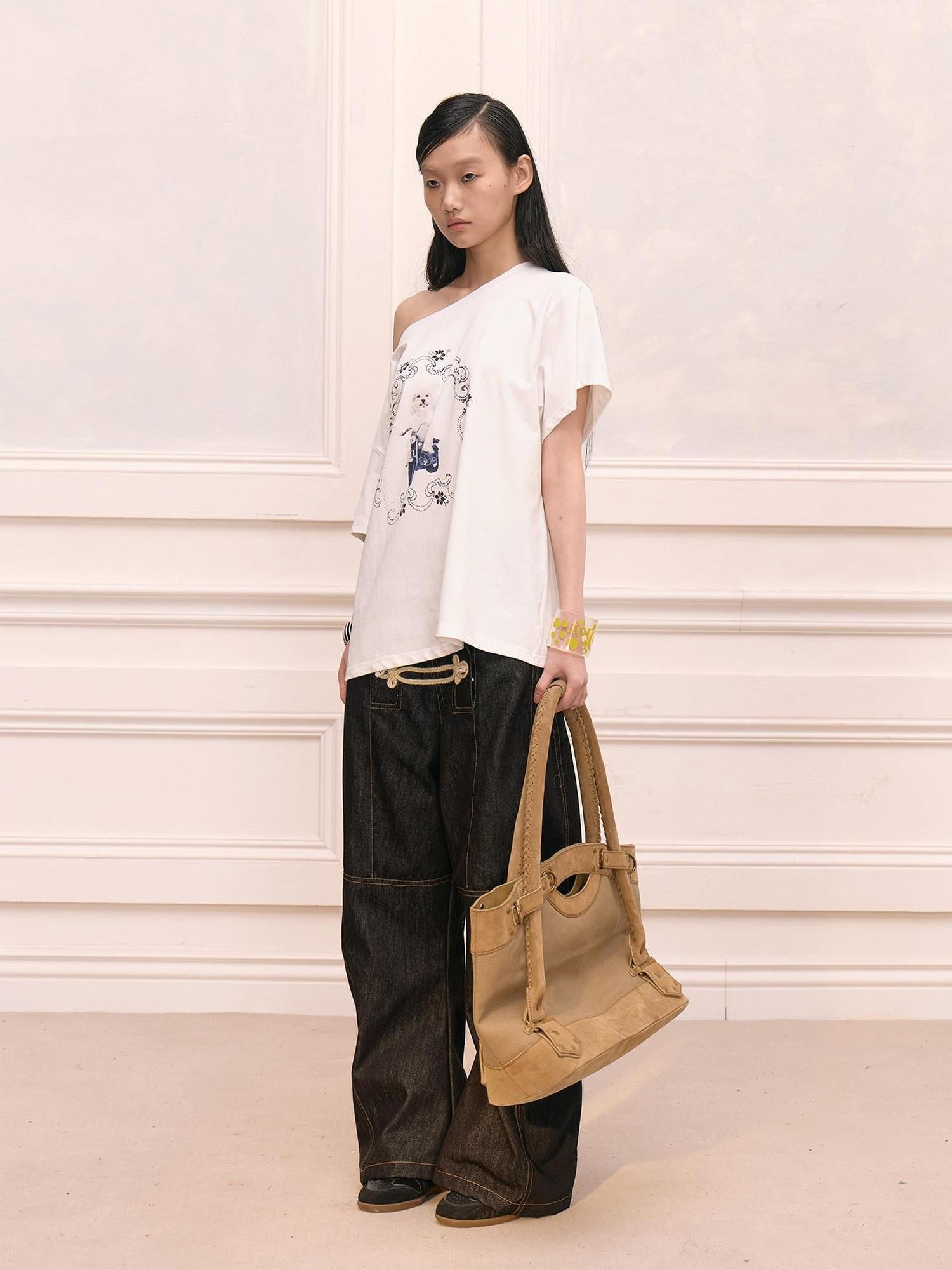 FayChui Raw Black Court Knot Placket Drawstring Women&