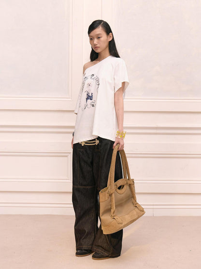 FayChui Raw Black Court Knot Placket Drawstring Women&