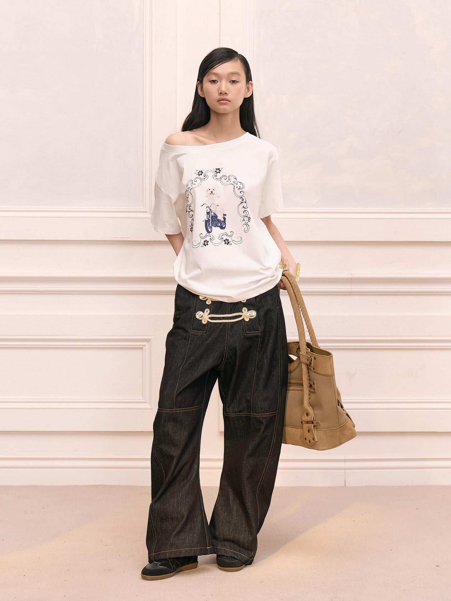 FayChui Raw Black Court Knot Placket Drawstring Women&
