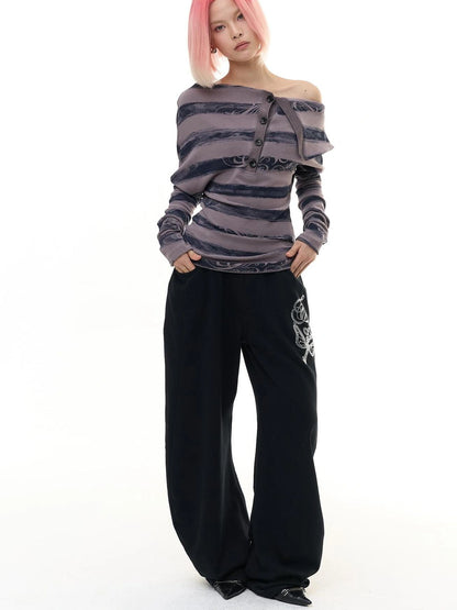 FayChui  Retro Black Diamond Jogger Loose Fit Sports Pants