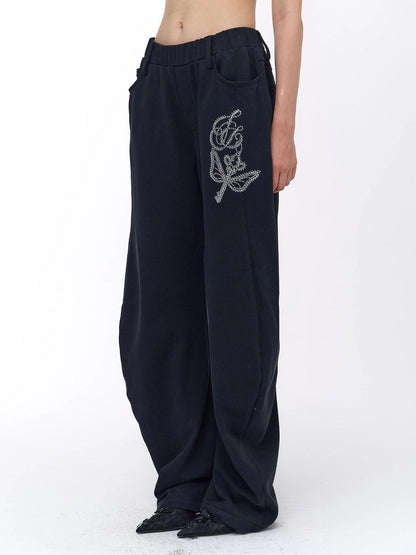 FayChui  Retro Black Diamond Jogger Loose Fit Sports Pants