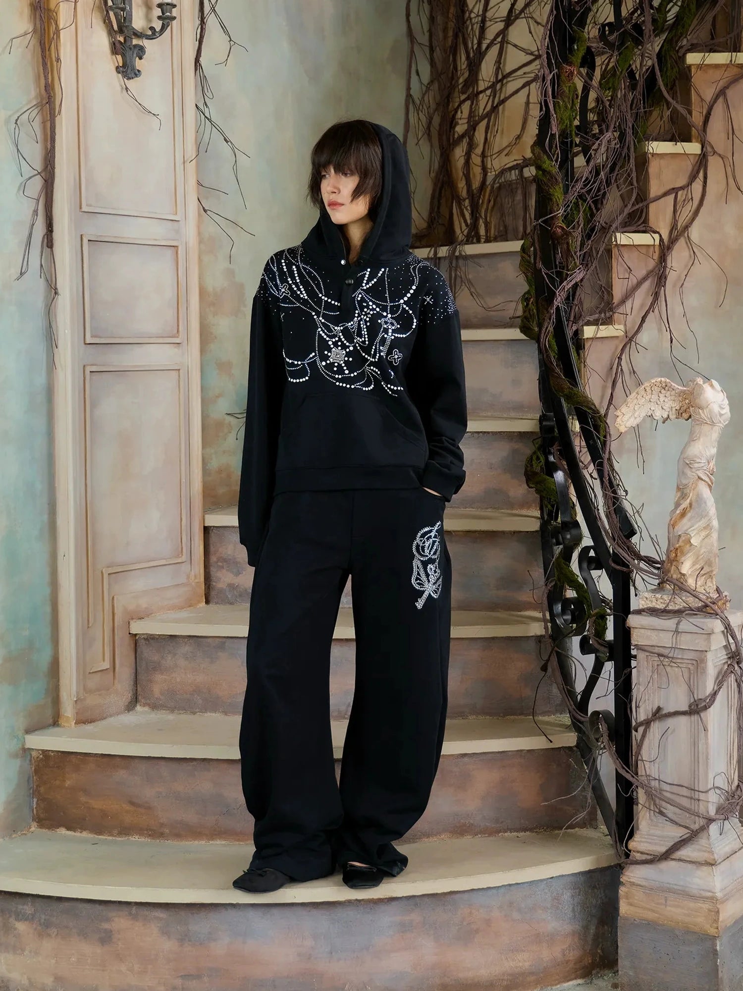 FayChui  Retro Black Diamond Jogger Loose Fit Sports Pants