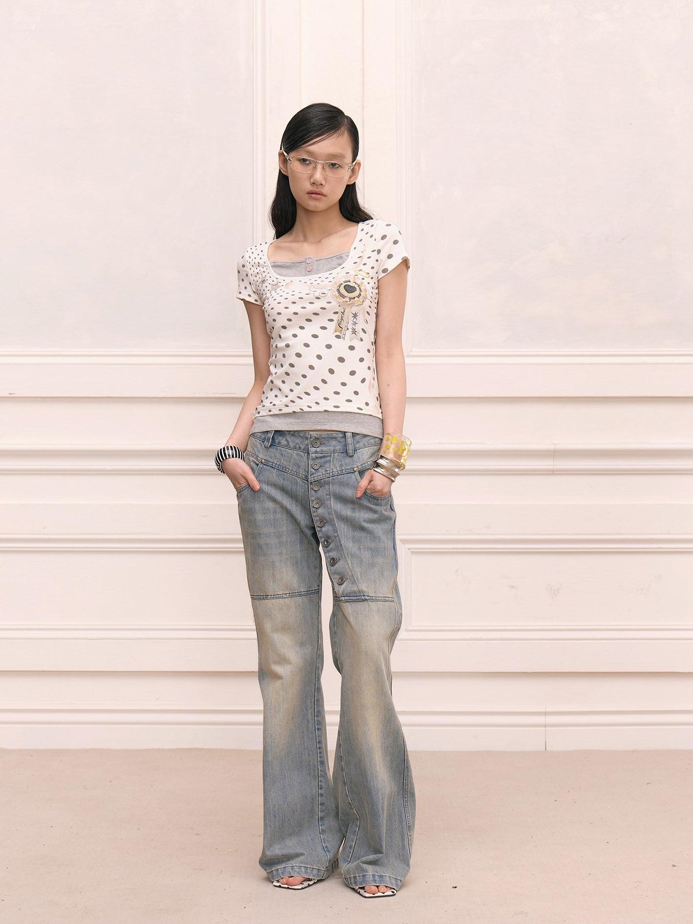 FayChui Retro Polka Dot Layered Square Neck Women&
