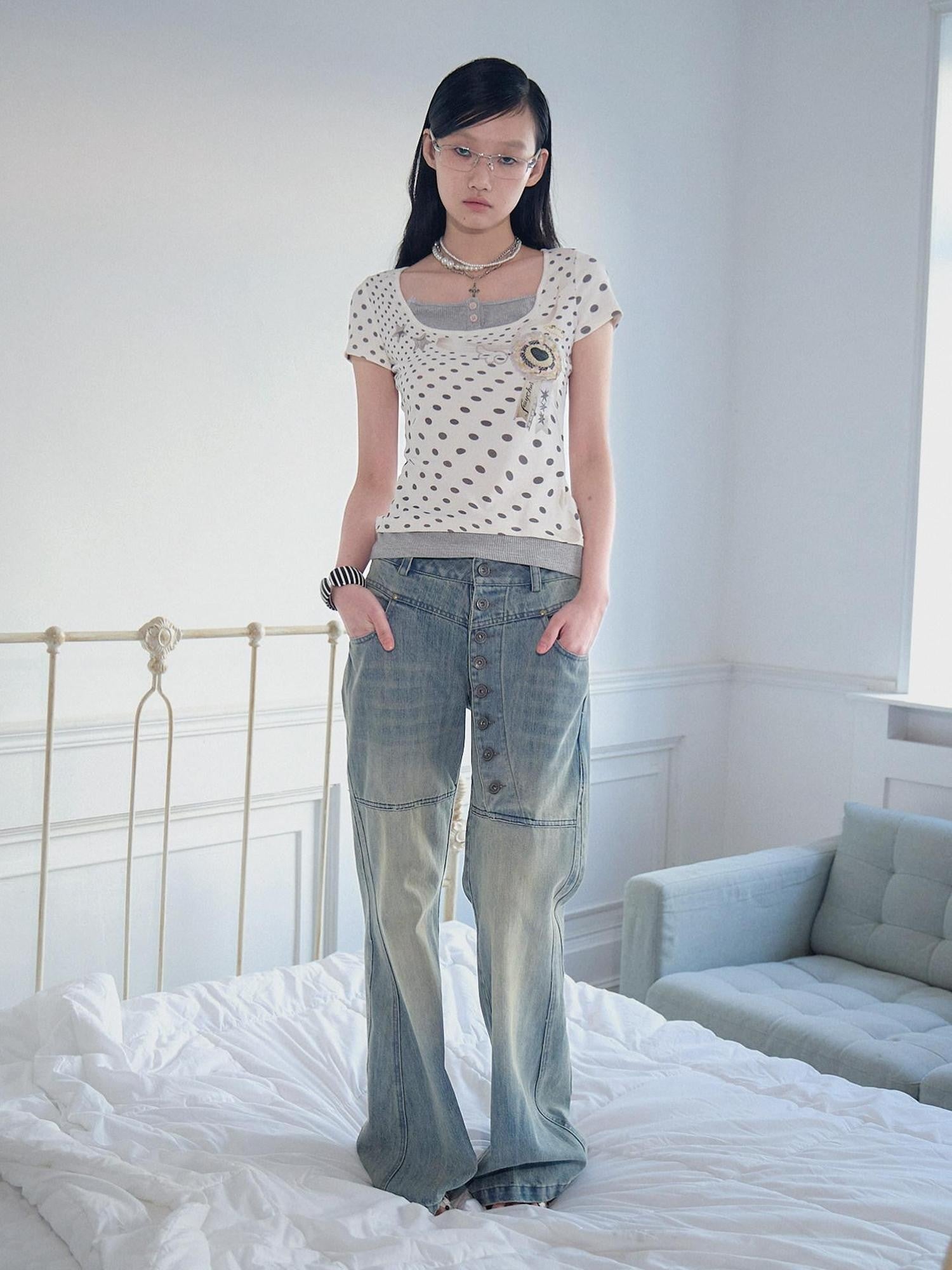 FayChui Retro Polka Dot Layered Square Neck Women&