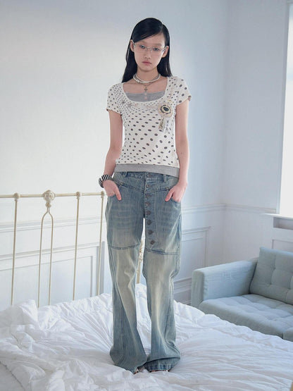 FayChui Retro Polka Dot Layered Square Neck Women&