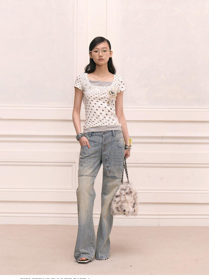 FayChui Retro Polka Dot Layered Square Neck Women&