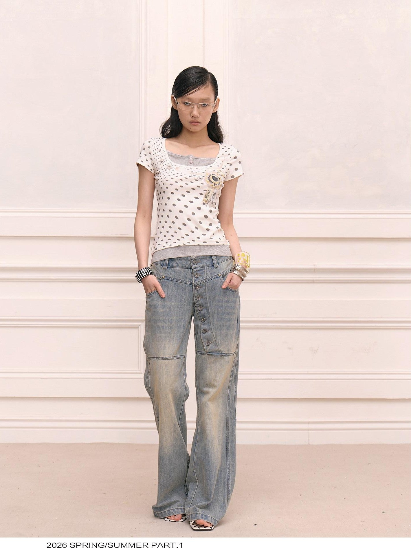 FayChui Retro Polka Dot Layered Square Neck Women&