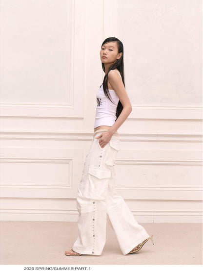 FayChui Retro Street Hotfix Rhinestone Cargo Edgy Women&