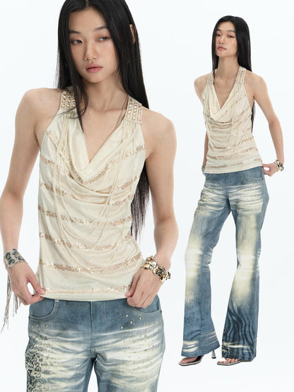 FayChui Rhinestone Draped Neck Embroidered Slim Fit Acetate Women&