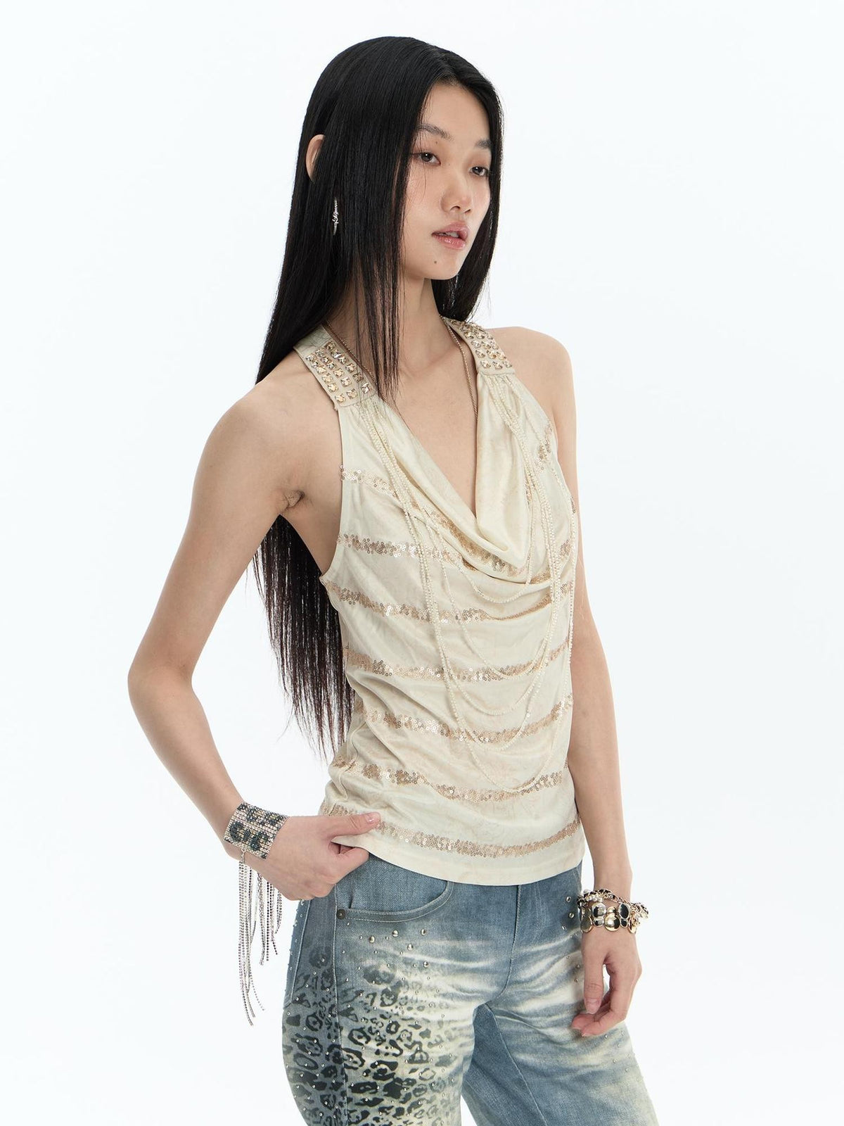 FayChui Rhinestone Draped Neck Embroidered Slim Fit Acetate Women&