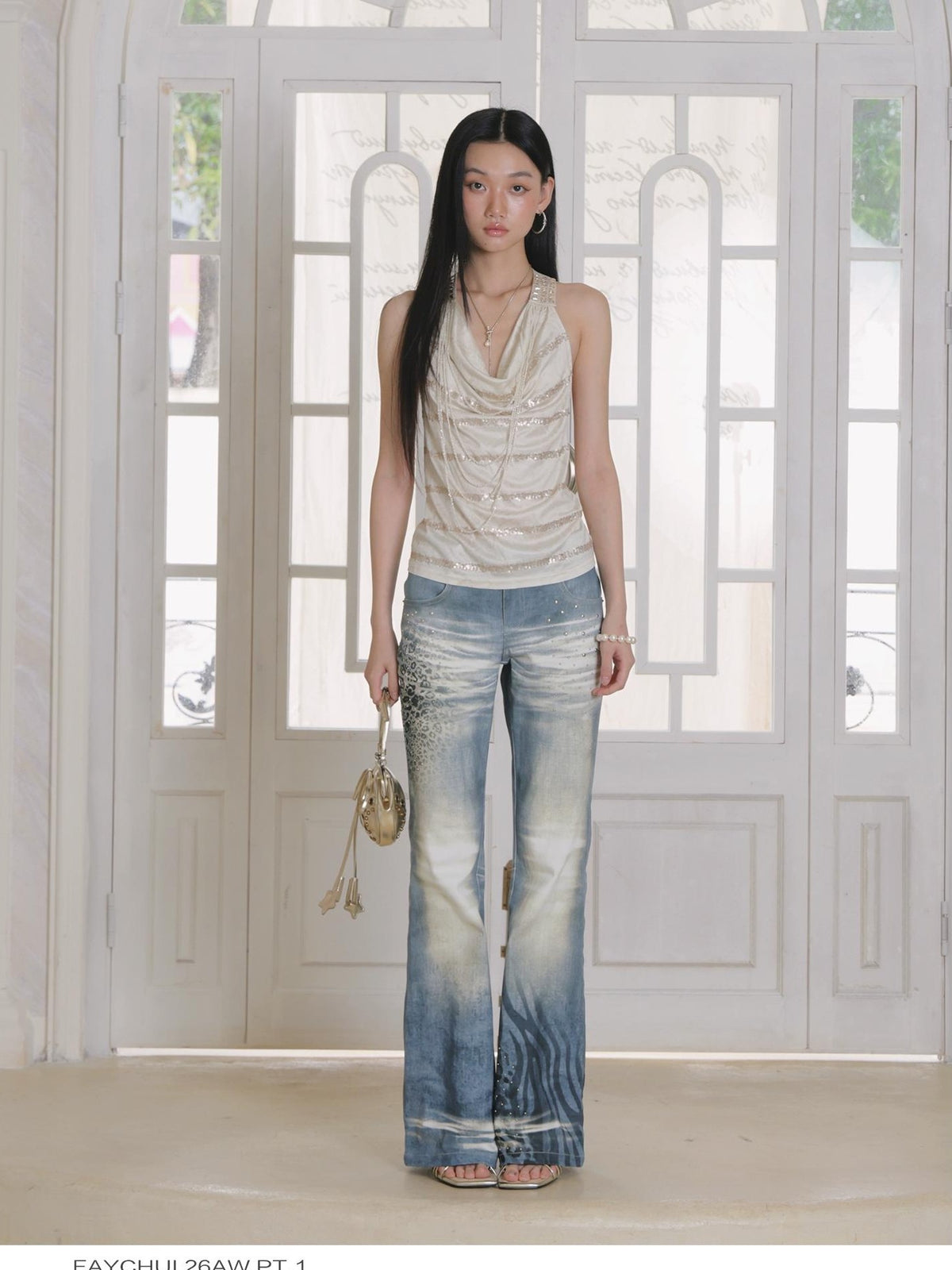 FayChui Rhinestone Draped Neck Embroidered Slim Fit Acetate Women&