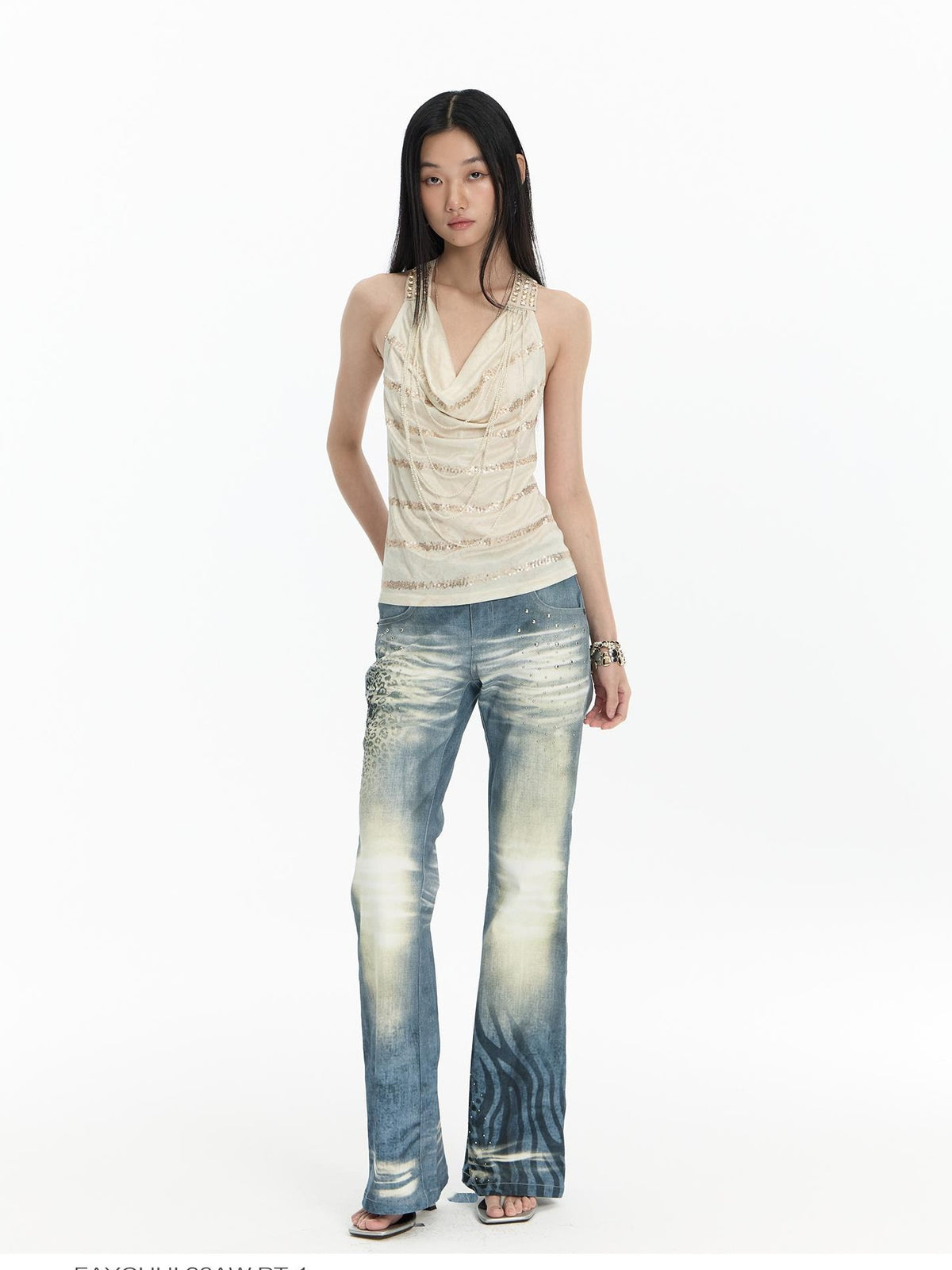 FayChui Rhinestone Draped Neck Embroidered Slim Fit Acetate Women&