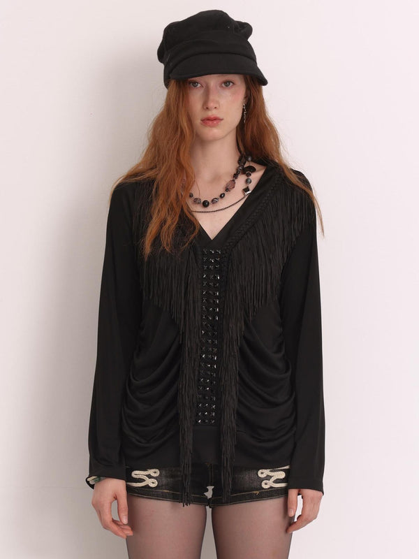 Rhinestone Fringe V-neck Acetate Women's Long Sleeve T-shirts