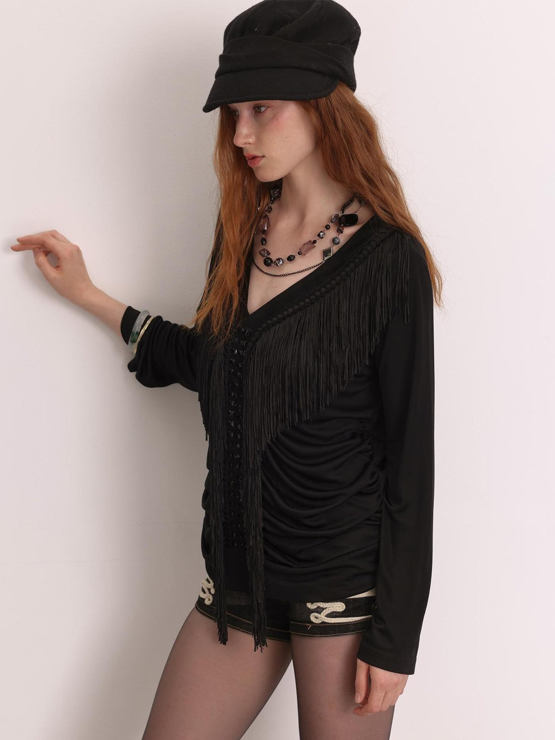 FayChui Rhinestone Fringe V-neck Acetate Women&