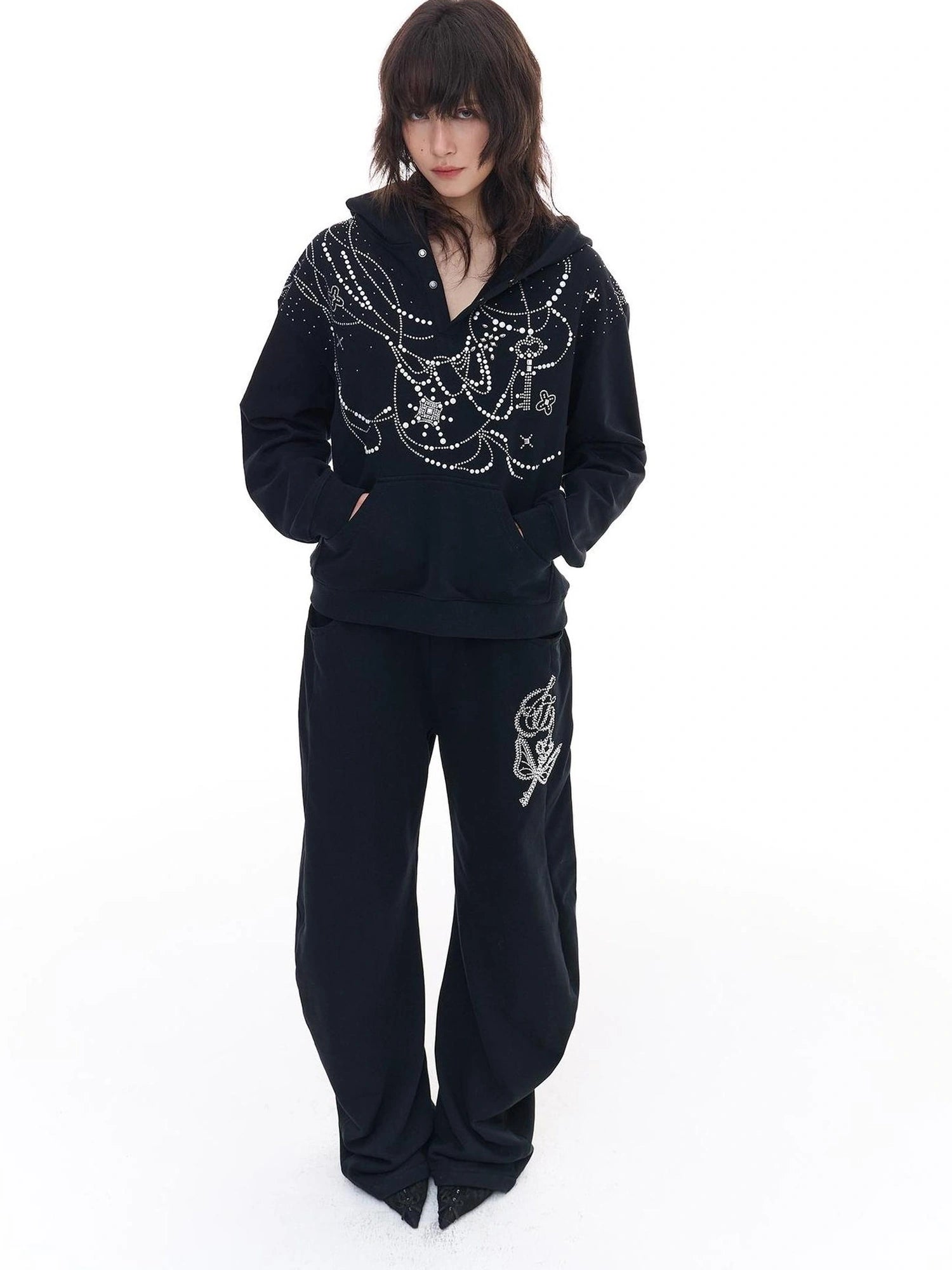 FayChui  Rhinestone Hooded Sweatshirt Jogger Set