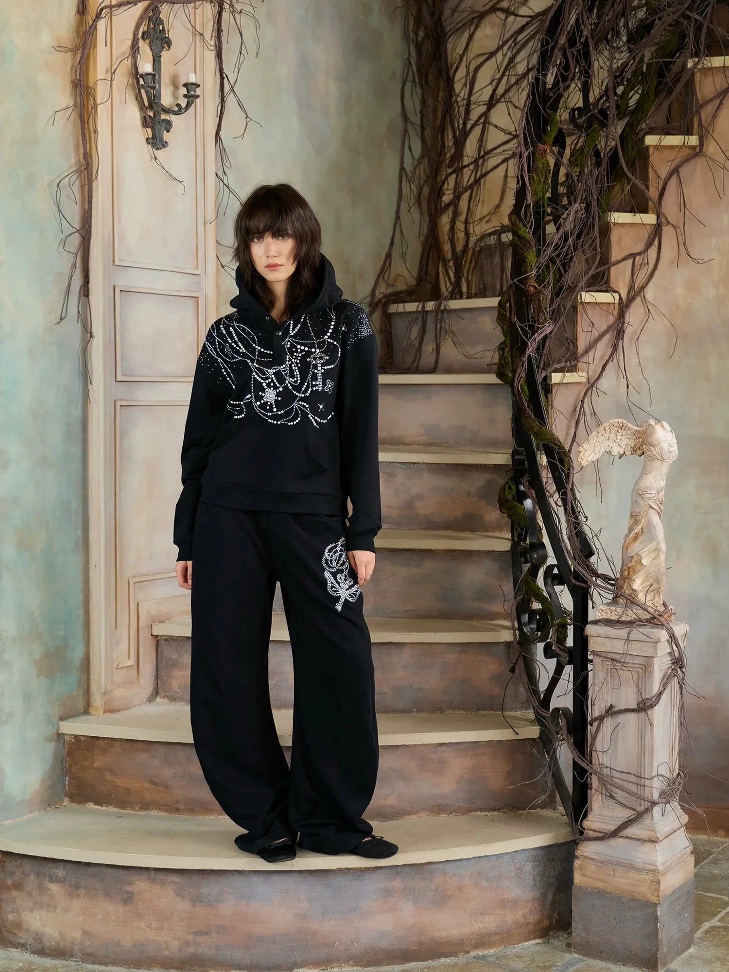 FayChui  Rhinestone Hooded Sweatshirt Jogger Set