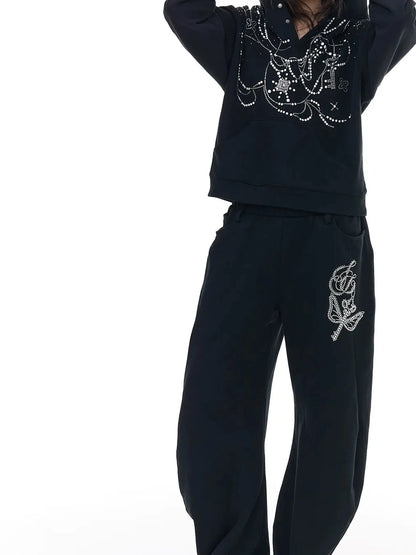 FayChui  Rhinestone Hooded Sweatshirt Jogger Set