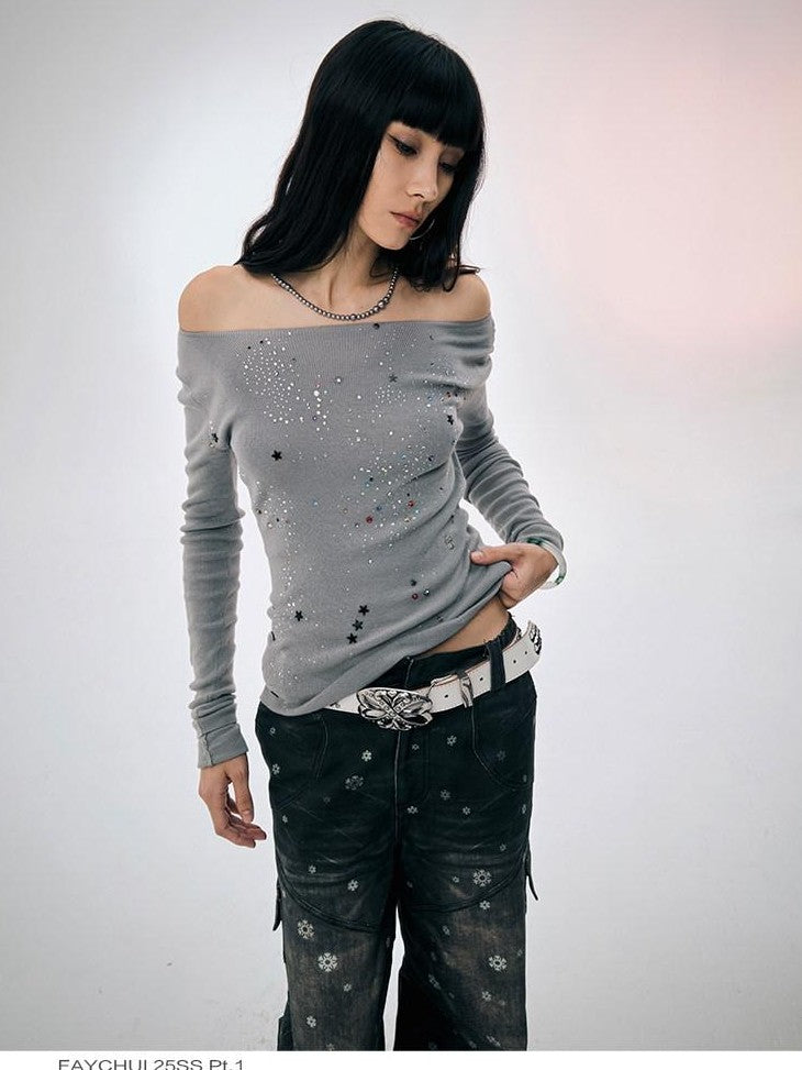 FayChui Rhinestone One Line Collar Slim Fit Women&